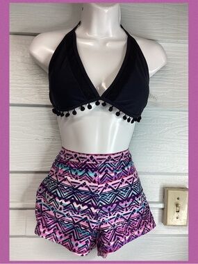 Black Pom Trim Halter Bikini Top with Pink Purple Aztec High-Waist Shorts.52